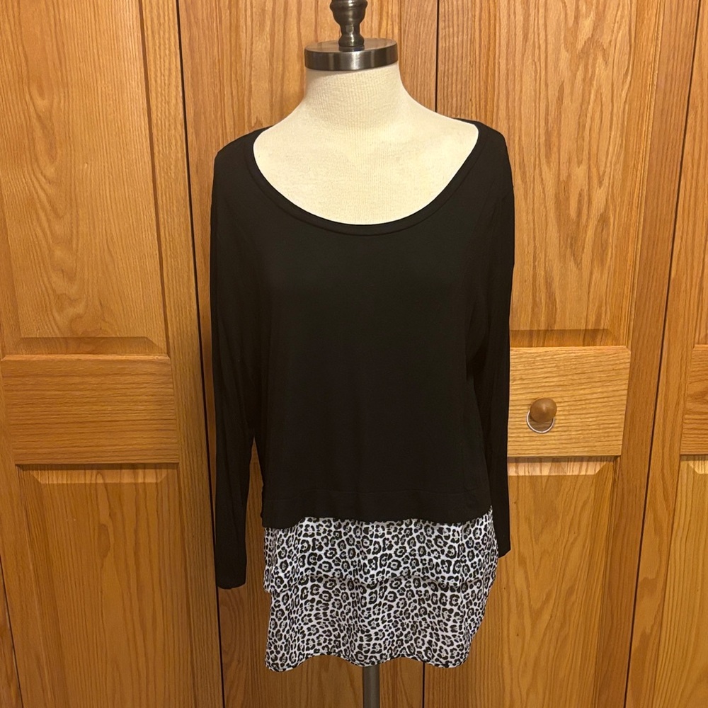 MICHAEL Michael Kors Black Long-Sleeve Layered Top with Leopard Hem